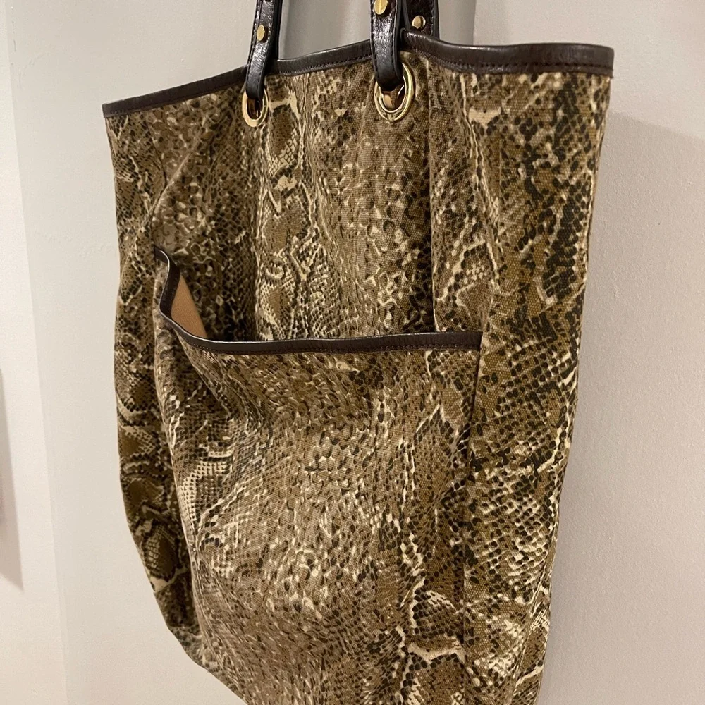 Tory Burch Canvas Reptile Print Tote with Brown Leather Detail